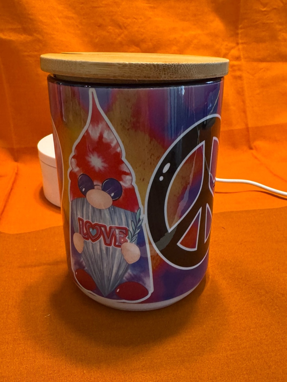 Tie-Dye Gnome Peace Sign Ceramic Mug with Wooden Lid